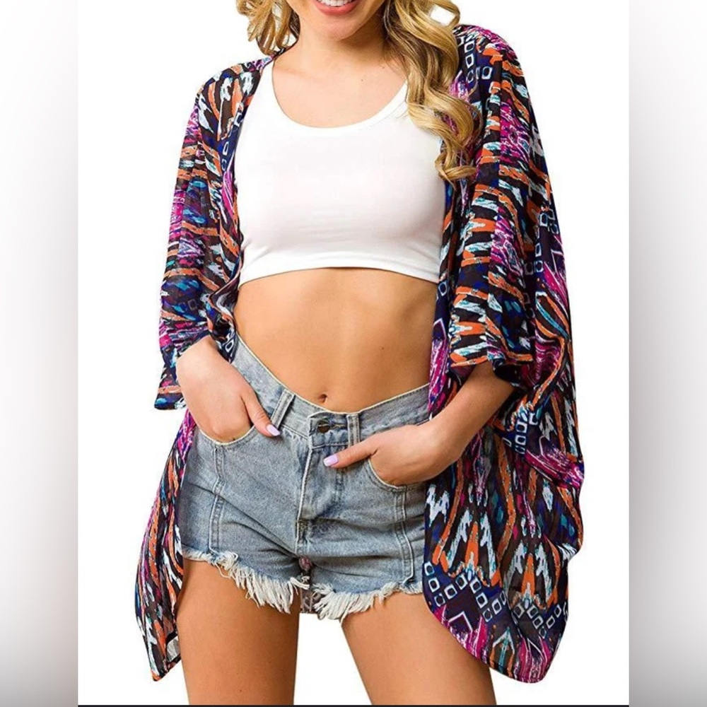 Tribal Colorful Geometric Abstract Coverup Kimono Rave Festival Boho Wook Bass